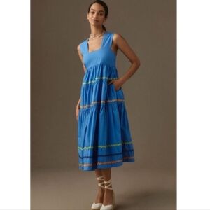 Anthropologie The Helena Square-Neck Tiered Midi Dress: Smocked Scallop M